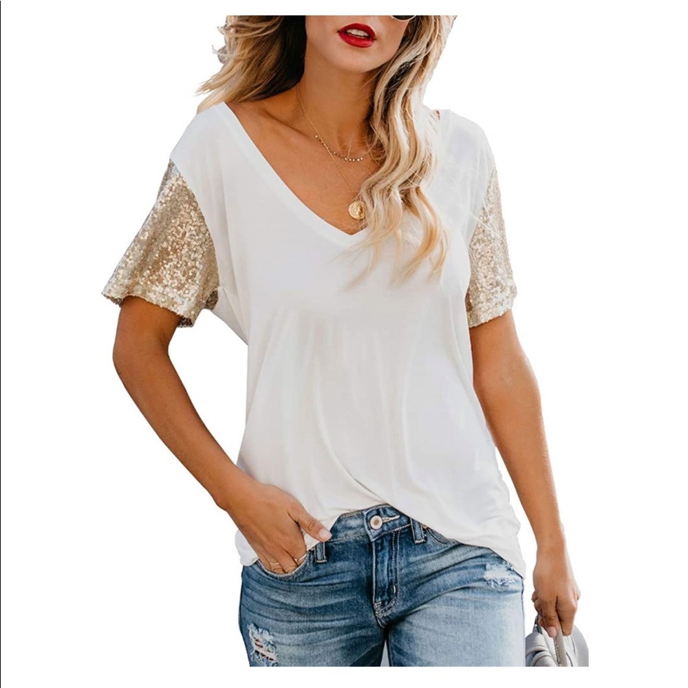 Sequin Short Sleeve V Neck Loose Blouse Tops. Size XL.